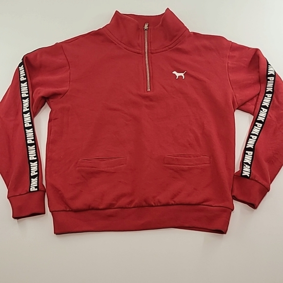 PINK VICTORIA'S SECRET Red Quarter Zip Sweatshirt Black Logo Down Arms -Size XS - Picture 1 of 14